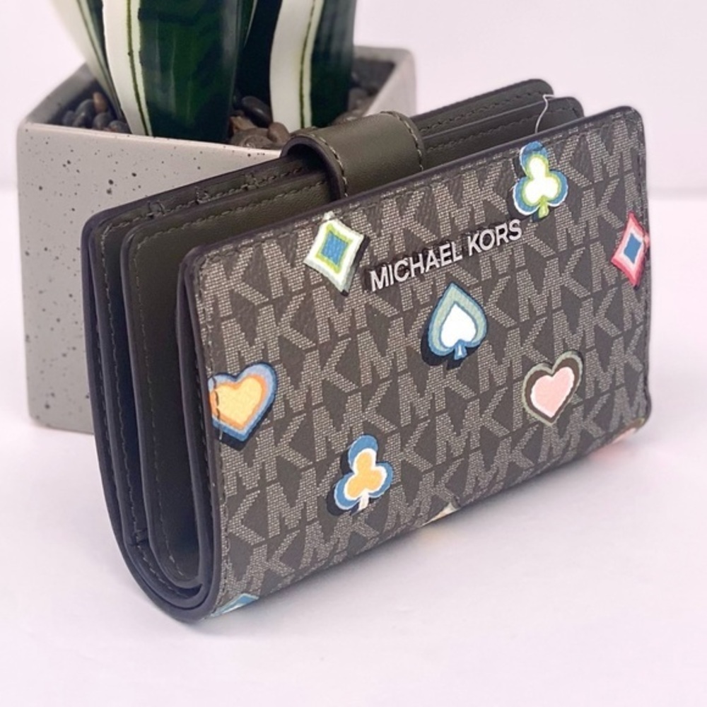 Michael Kors Multicolor Patterned Bifold Medium Wallet Olive